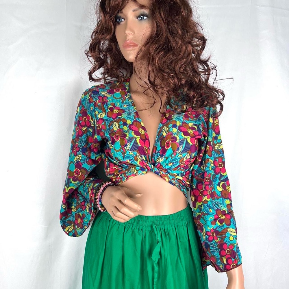 Open Front Tie Bell Sleeves Blouse - Picture 2 of 8